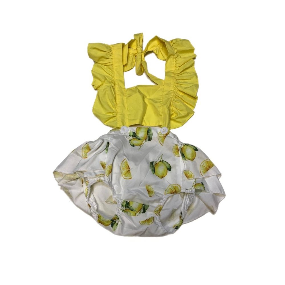 Girls Yellow White Ruffle Tie Lemon Romper Size 70 6M